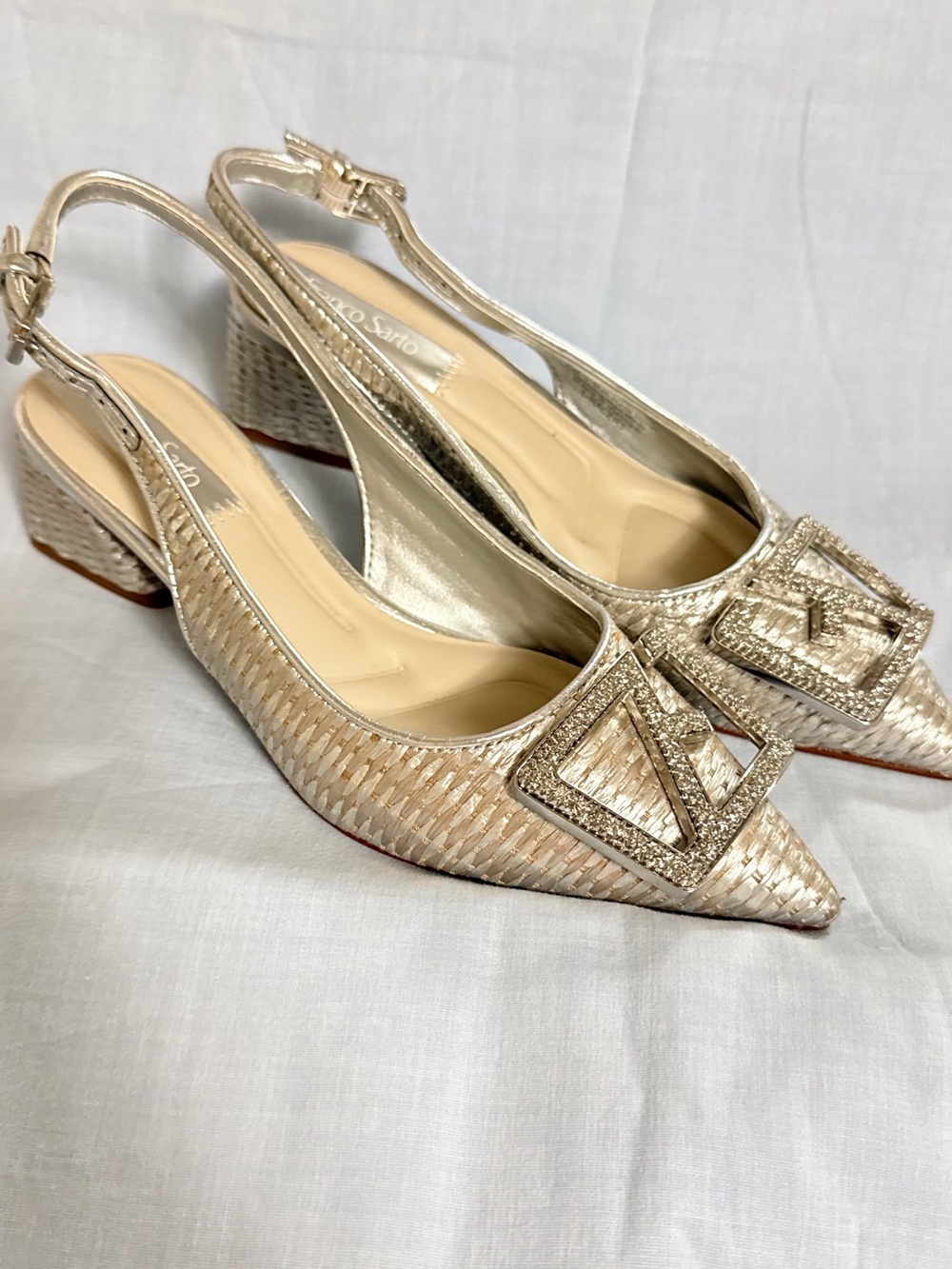 Metallic Silver Woven Slingback Pumps with Decorative Buckle